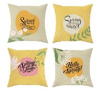 Juego de 4 fundas de cojín cuadradas de primavera con letras neutrales modernas y estéticas con diseño de flores, hojas amarillas y rosas, terciopelo, cómodas, decorativas, para dormitorio