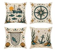 Juego de 4 fundas de cojín de barco, náutica, vintage, brújula, peces, verano, turquesa, terciopelo suave, lavable, para sala de estar, dormitorio, loft, oficina, coche, decoración de 14 x 14 pulgadas