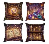 Juego de 4 fundas de cojín de bola de cristal, botellas de poción mística, libro abierto, color violeta con cremallera oculta, fundas de almohada para el hogar, dormitorio, sala de estar, sofá