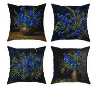 Juego de 4 fundas de cojín de flores azules, diseño clásico y elegante, diseño de hojas verdes, terciopelo suave, lavable, para sala de estar, apartamento, cama, sofá, decoración de 12 x 12 pulgadas