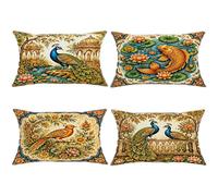 Juego de 4 fundas de cojín de pavo real, estilo oriental, vintage, lirio de agua, peces, verano, terciopelo suave, lavables, para sala de estar, dormitorio, loft, oficina, decoración de coche, 20 x 12
