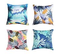 Juego de 4 fundas de cojín decorativas de playa hawaiana, coloridas hojas tropicales de verano, selva tropical, patrón artístico, fundas de cojín para sala de estar, sofá, playa, exteriores e