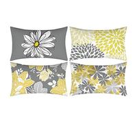 Juego de 4 Fundas de Cojín, Gris y Amarillo, Moderno Daisy con Bonita Flor Blanca Sofá de Mano Fundas de Cojín Decorativas para Sofá (30x50)
