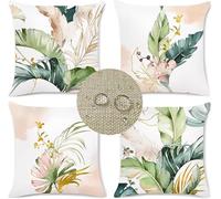 Juego de 4 Fundas de Cojín Impermeable Exterior Plantas Flores 60x60cm Doble cara Funda de Almohada Cuadrada Decorativa de Lino Verde, con Cremallera Invisible para Sofá Mueble Decor Cushions K-1822