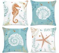 Juego de 4 Fundas de Cojín Impermeable Exterior Vida Marina 35x35cm Doble cara Funda de Almohada Cuadrada Decorativa de Lino Azul cielo, con Cremallera Invisible para Sofá Mueble Decor Cushions K-3282