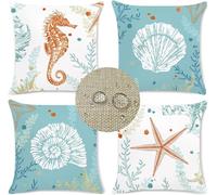 Juego de 4 Fundas de Cojín Impermeable Exterior Vida Marina 70x70cm Doble cara Funda de Almohada Cuadrada Decorativa de Lino Azul cielo, con Cremallera Invisible para Sofá Mueble Decor Cushions K-3282