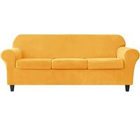 Juego de 4 fundas elásticas de terciopelo para sofá, incluye 3 fundas con fundas de cojín de asiento separadas, colección protectora de muebles para sofá con diseño dividido, color dorado