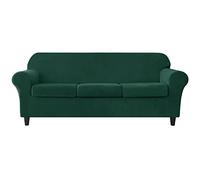 Juego de 4 fundas elásticas de terciopelo para sofá, protector de muebles de sofá verde oscuro con funda de 3 plazas y 3 fundas de cojín de asiento separadas, colección dividida para máxima comodidad