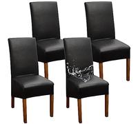 Juego de 4 fundas impermeables para sillas de comedor, elásticas, extraíbles, de piel sintética, para sillas negras, duraderas y elegantes, protector para decoración del hogar