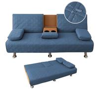 Juego de 4 fundas impermeables para sofá cama, funda acolchada para futón de 3 plazas con reposabrazos extraíbles y portavasos, color azul mezclilla y elegante diseño de clic clac