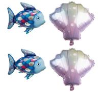 Juego de 4 globos de papel de aluminio, arco iris, decoración del mundo submarino con peces y conchas, decoración temática para fiestas, globos de colores con peces arcoíris y conchas