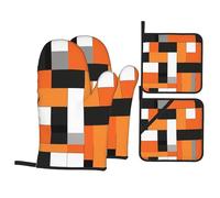 Juego De 4 Guantes Cocina Resumen Cuadrado Naranja Almacenables Manoplas Horno Anti-Escaldaduras Guantes Y Agarraderas para Horno para Hornear Asar Microondas