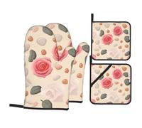 Juego de 4 guantes de cocina para hornear con piedra de spa y rosas de WHJSSF impresos, gruesos, prácticos, antiquemaduras, aislamiento térmico para hornear en la cocina