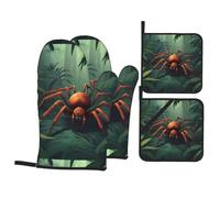 Juego de 4 guantes de cocina para hornear, diseño de arañas tropicales WHJSSF con estampado de arañas gruesas y prácticas antiquemaduras para hornear en la cocina