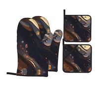 Juego de 4 guantes de silicona impresos medianos oscuros, guantes de cocina para horno, antiquemaduras, para hornear, para barbacoa