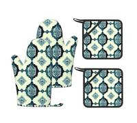 Juego de 4 guantes de silicona para horno y soportes para ollas, diseño de diamantes verdes, resistentes al calor, antideslizantes, guantes de cocina con forro de algodón para cocinar, hornear y hacer
