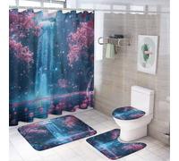 Juego de 4 hermosas cortinas de ducha con cascada, alfombras, alfombrilla de baño antideslizante y funda de inodoro, decoración impermeable para baño con diseño rústico de valle y río con flores de c