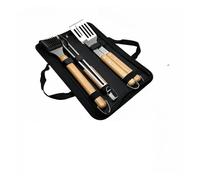 Juego de 4 herramientas de acero inoxidable para barbacoa al aire libre, mango de madera de haya, tenedor, pala, cepillo, parrilla combinada