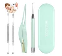 Juego de 4 herramientas de eliminación de cera de oídos con luz, juego de herramientas de limpieza de oídos para niños y adultos, palillos y pinzas y cuchara de resorte en espiral con caja de