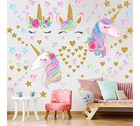 Juego de 4 hojas de pegatinas de pared de unicornio, gran tamaño, decoración de pared para habitación infantil, fiesta de cumpleaños