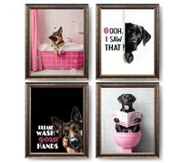 Juego de 4 impresiones artísticas divertidas para pared de baño, diseño de perro rosa sin marco, decoración de baño de perro, lávate las manos, pastor alemán, labrador, imágenes para baño, baño, 8 x