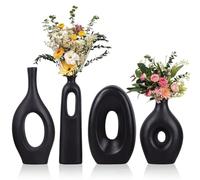 Juego de 4 jarrones de cerámica negros redondos huecos bohemios para decoración de hierba de las pampas y flores, jarrones pequeños minimalistas modernos para sala de estar, dormitorio, chimenea,