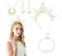 Juego de 4 joyas de diosa del sol, corona de halo (diadema) con puntas Sunburst, collar, pendientes y pulsera, accesorios para carnaval, cosplay, festival, fiesta temática