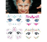 Juego de 4 joyas faciales para niños, pegatinas faciales brillantes y tatuajes temporales de cristal, maquillaje de estrás para niñas, para Halloween, cumpleaños y Navidad (4 unidades)