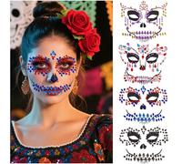 Juego de 4 joyas para la cara de Halloween - Día de los muertos con estrás y tatuajes de cristal con purpurina para maquillaje y fiesta de terror (4 unidades)