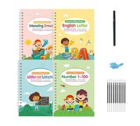 Juego de 4 libros mágicos de práctica de escritura a mano, letras, números, arte, dibujo, operaciones matemáticas, libro de trabajo para niños en edad preescolar