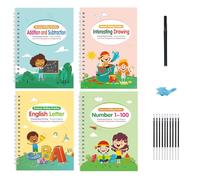 Juego de 4 libros mágicos de práctica de escritura a mano, letras, números, arte, dibujo, operaciones matemáticas, libro de trabajo para niños en edad preescolar
