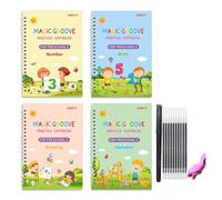 Juego de 4 libros mágicos de práctica de escritura a mano, letras, números, arte, dibujo, operaciones matemáticas, libro de trabajo para niños en edad preescolar, libro de práctica de escritura a mano