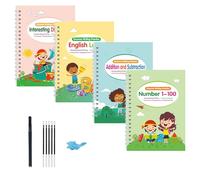 Juego de 4 libros mágicos de práctica de escritura a mano, letras, números, arte, dibujo, operaciones matemáticas, libro de trabajo para preescolar, educación temprana, libro de trabajo de escritura a