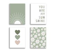 Juego de 4 lienzos bohemios sin marco, decoración de pared de habitación de bebé, color verde salvia, con texto en inglés "You Are My Sunshine", con diseño de margaritas, corazón, imágenes para