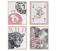 Juego de 4 lienzos de leopardo, imágenes de moda de guepardo rosa, elegantes y lujosos, Y2K, para adolescentes, niñas, apartamentos, dormitorios, sin marco (50 x 70 cm)