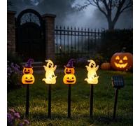 Juego de 4 luces solares de Halloween con estaca fantasma 4 en 1 con luces LED, lámpara decorativa impermeable para jardín, patio, camino, césped
