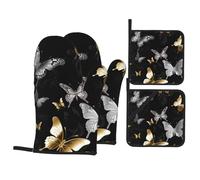 Juego de 4 manoplas de horno y agarraderas negras con diseño de mariposas blancas y doradas, resistentes al calor, guantes de cocina extra largos, antideslizantes, almohadillas calientes para cocinar