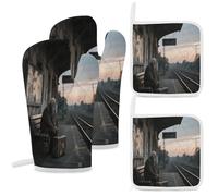 Juego de 4 manoplas de horno y agarraderas, resistentes al calor, plataforma de estación de tren antigua al atardecer, guantes de horno para hornear, cocina, al aire libre, barbacoas