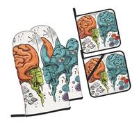 Juego de 4 manoplas de horno y soportes para ollas, función cerebral izquierda y derecha, guantes de horno antideslizantes, resistentes al calor, guantes de horno de 500 grados de largo y agarradera