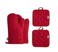 Juego de 4 manoplas de horno y soportes para ollas, resistentes al calor alto 500 grados, extra gruesos, guantes largos de cocina de algodón para cocinar (30 cm, rojo)