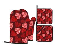 Juego de 4 manoplas de horno y soportes para ollas resistentes al calor con estampado de corazones rojos para cocinar barbacoas y microondas