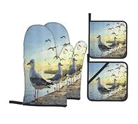 Juego de 4 manoplas de horno y soportes para ollas, Seagulls Seaside Seascape Unique Ocean Sea Bird Seashore, almohadillas calientes resistentes con guantes de barbacoa antideslizantes de poliéster pa