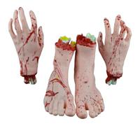 Juego de 4 manos de Halloween, 1 par de manos falsas cortadas y 1 par de pies falsos, partes del cuerpo sangrientas de terror, piezas de cuerpo de plástico para decoración de casa embrujada, brazos