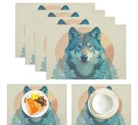 Juego de 4 Manteles Individuales 30 x 45 cm Mantel Individual Algodón Lino Lavables Azul-Verde Ilustraciones de Animales Silueta de Cabeza de Lobo contra un Pino Salvamanteles Individuales
