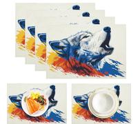 Juego de 4 Manteles Individuales 30 x 45 cm Mantel Individual Algodón Lino Lavables Rojo y Azul Ilustraciones de Animales Primer Plano de la Cabeza de un Lobo Salvamanteles Individuales