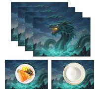 Juego de 4 Manteles Individuales 30 x 45 cm Mantel Individual Algodón Lino Lavables Verde Arte de Anime Un dragón Surge del mar Salvamanteles Individuales