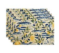Juego de 4 manteles individuales con diseño de peces y aceitunas, color azul náutico, costero, para mesa de comedor, cocina de verano, para interiores y exteriores, antideslizantes, lavables