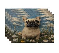 Juego de 4 manteles individuales con diseño de perro bulldog francés de primavera, 12 x 18 pulgadas, estilo de punto de jardín, cachorro, 4 piezas de manteles suaves para comedor, divertido patrón de