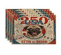 Juego de 4 manteles individuales con diseño de perro carlino de 250 años, 12 x 18 pulgadas, vintage, 4 piezas de 4 piezas de temporada para comedor en casa, fiesta americana, decoración de cocina