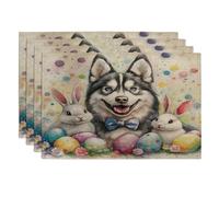 Juego de 4 manteles individuales con diseño de perro Malamutes de Alaska de primavera, Pascua, 30,5 x 45,7 cm, bonitos huevos de conejo, 4 unidades, lavables para comedor, decoración de mascotas